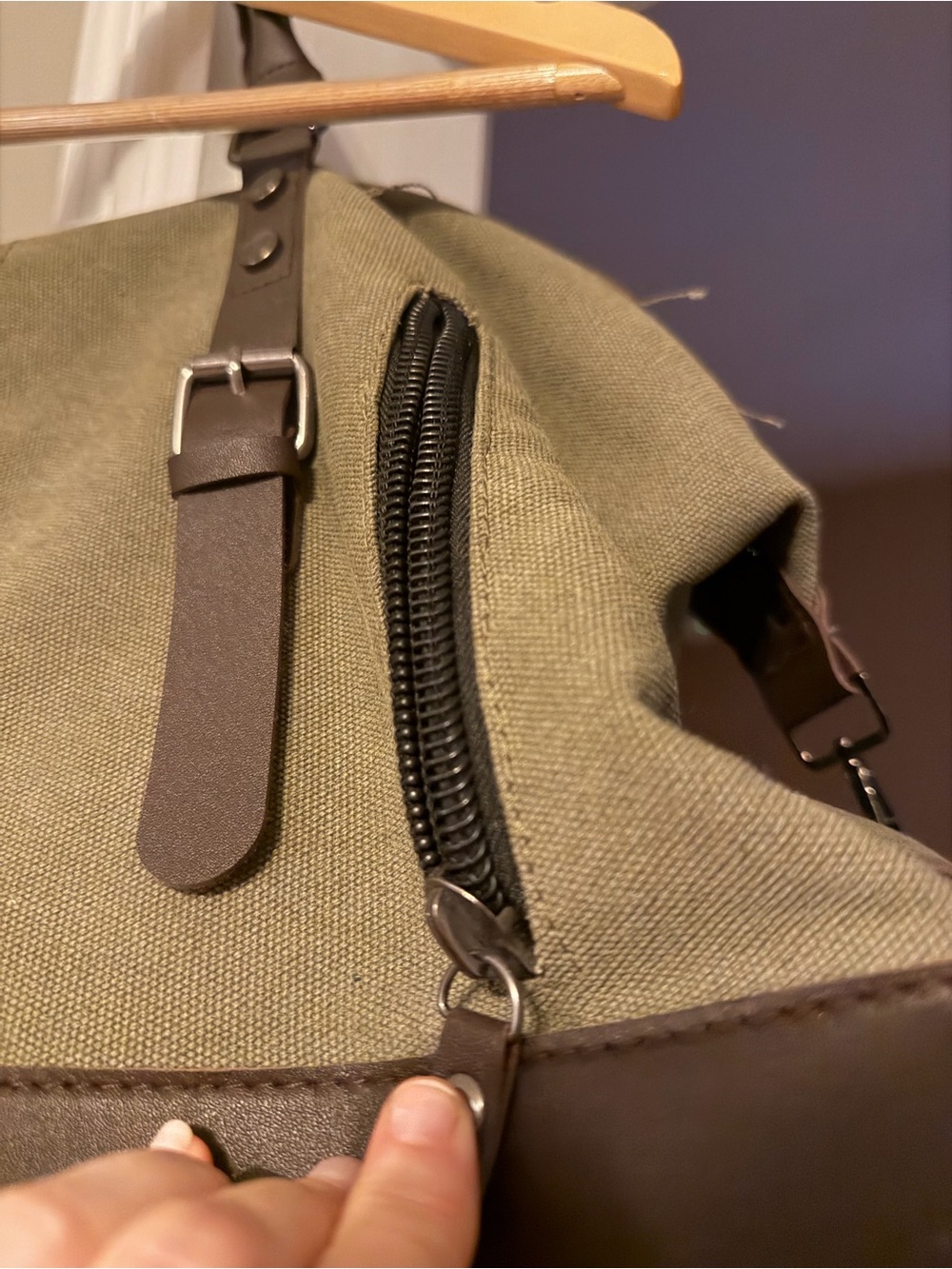 Canvas Weekender Duffel Bag - Olive Green with Brown Trim - Picture 6 of 15